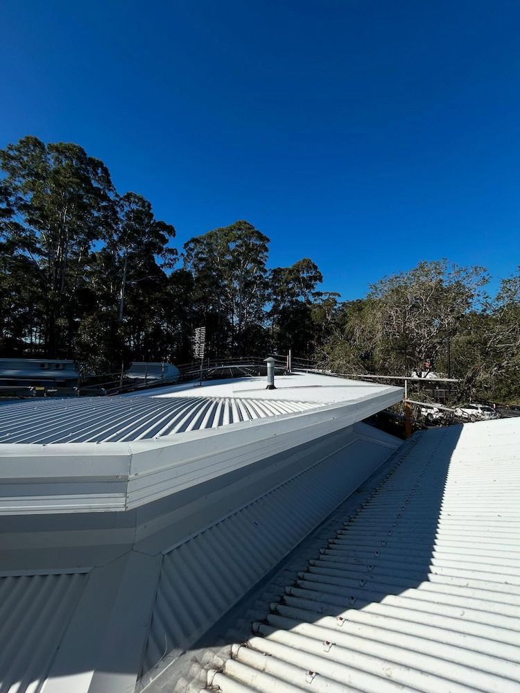 White Corrugated Metal Roof Under a Clear, Blue Sky, With Trees in the Background — Ace1 Metal Roofing in Port Macquarie, NSW