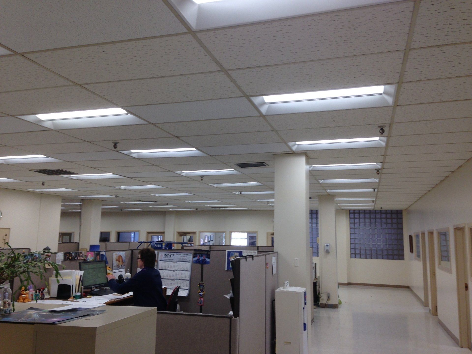 An office with cubicles and fluorescent lights in the ceiling, a person at a desk.