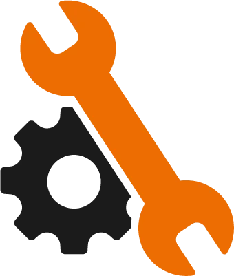 An orange wrench and a black gear on a white background.