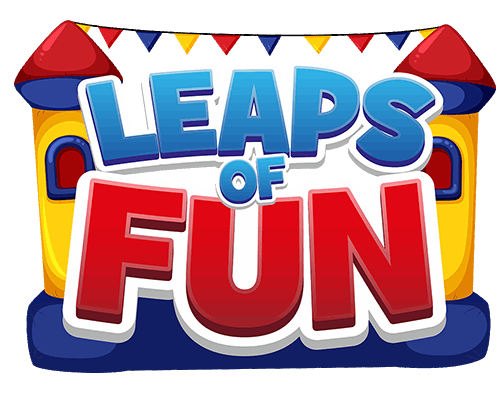 A colorful "LEAPS OF FUN" logo with text set against a yellow and blue bounce house background with bunting.