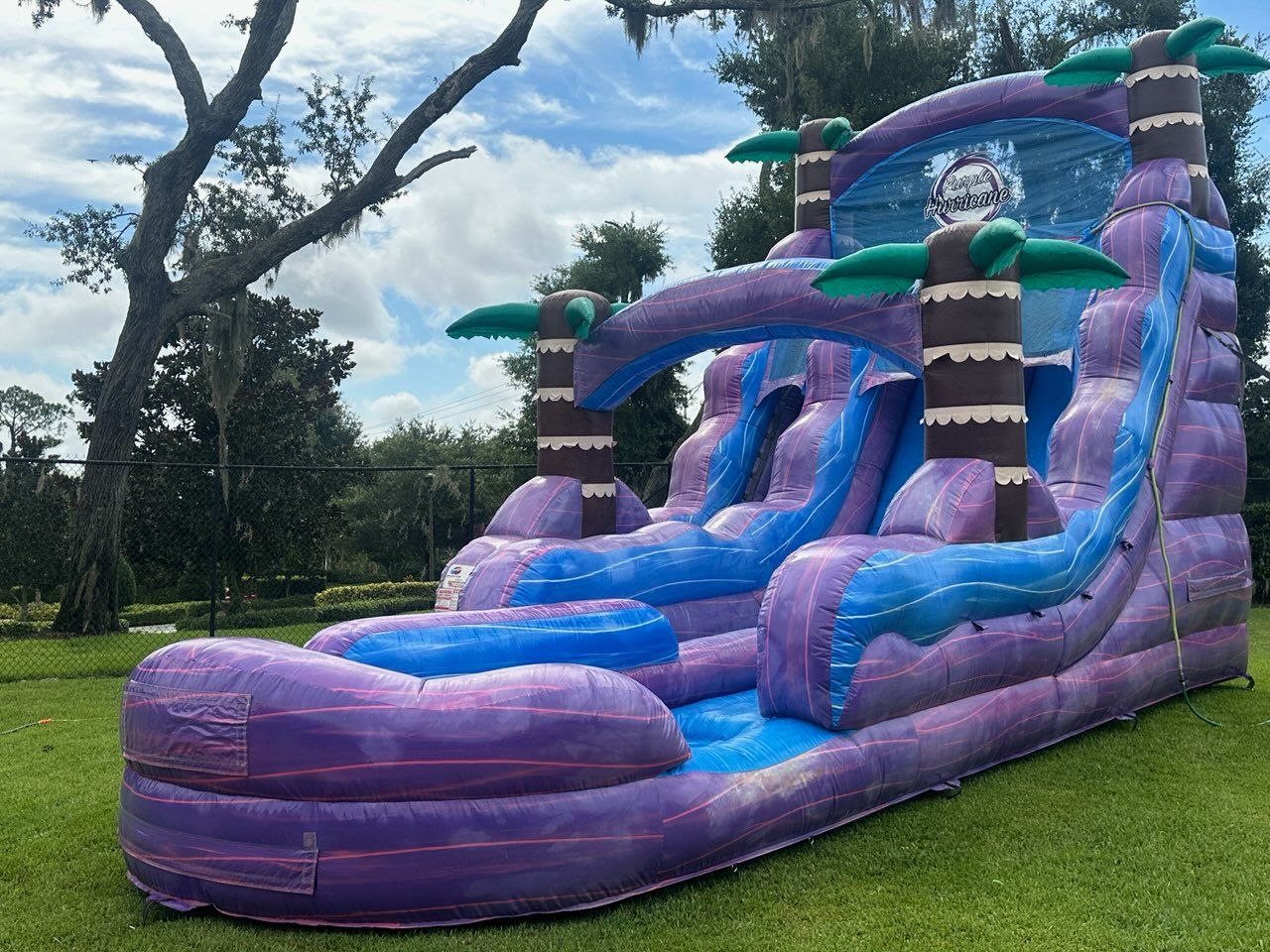 A purple and blue inflatable water slide with palm tree decorations on a grassy lawn under a cloudy blue sky.