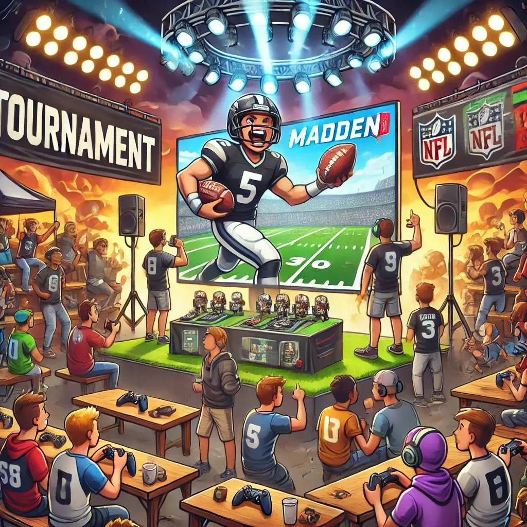 People playing video games at computer stations in a dark room illuminated by neon lights. People playing video games at computer stations in a dark room illuminated by neon lights.