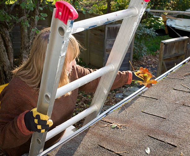 A woman is holding a ladder on top of a roof.