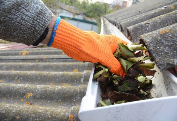 A person wearing orange gloves is cleaning a gutter with leaves.