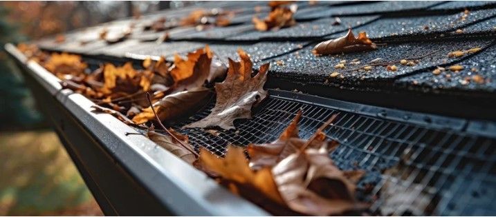 A close up of a gutter on the roof of a house.