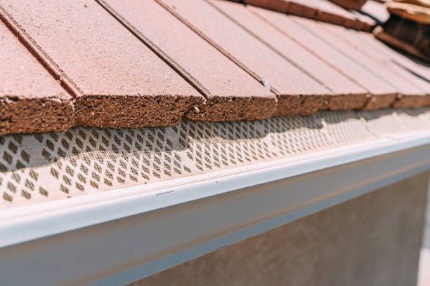 A close up of a gutter on a roof of a house.