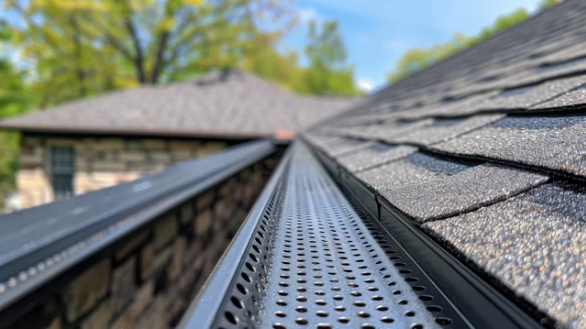 A close up of a gutter on the roof of a house.