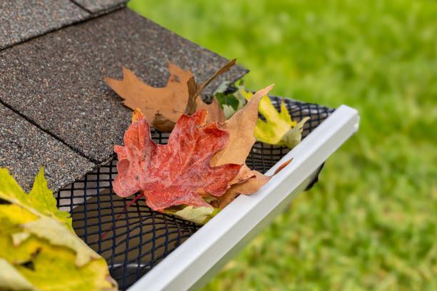 A gutter with leaves coming out of it and a roof in the background.