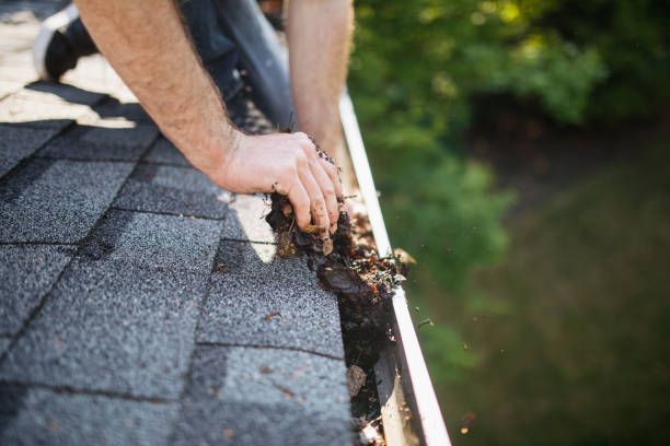 A man is cleaning a gutter on a roof with a vacuum cleaner.