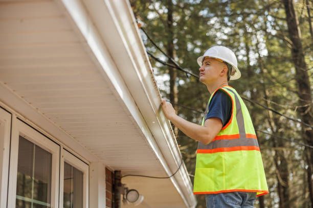 A man in a hard hat and safety vest is working on a gutter on a house.