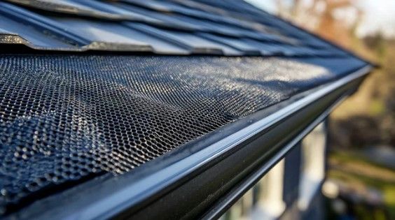 A close-up of a gutter on the roof of a house.