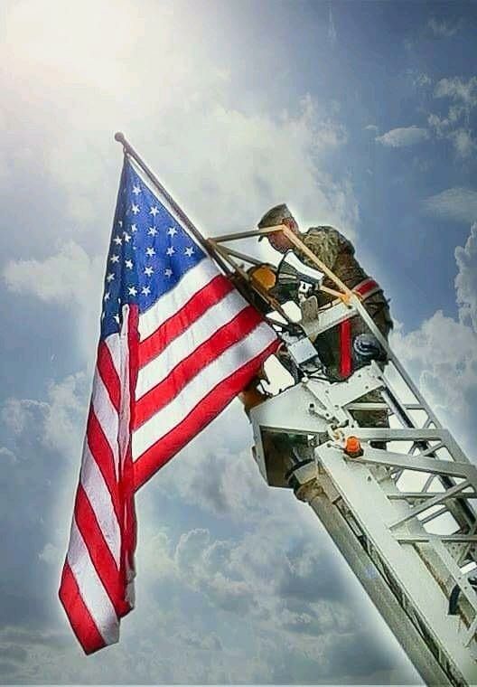A man is standing on a ladder holding an american flag