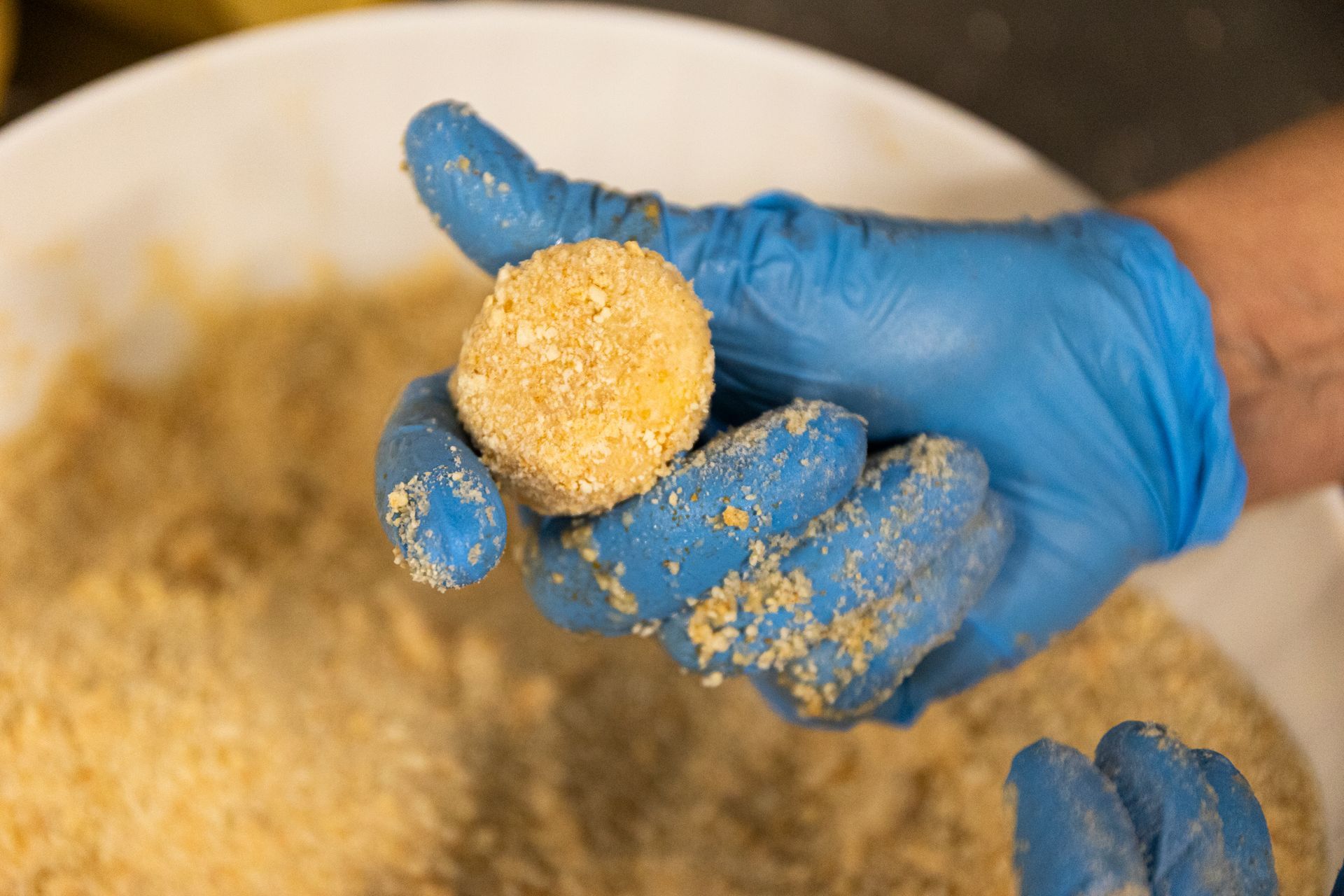 Una persona che indossa guanti blu tiene in mano una pallina di cibo.