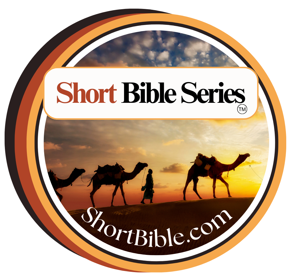 A logo for short bible series with camels and a man