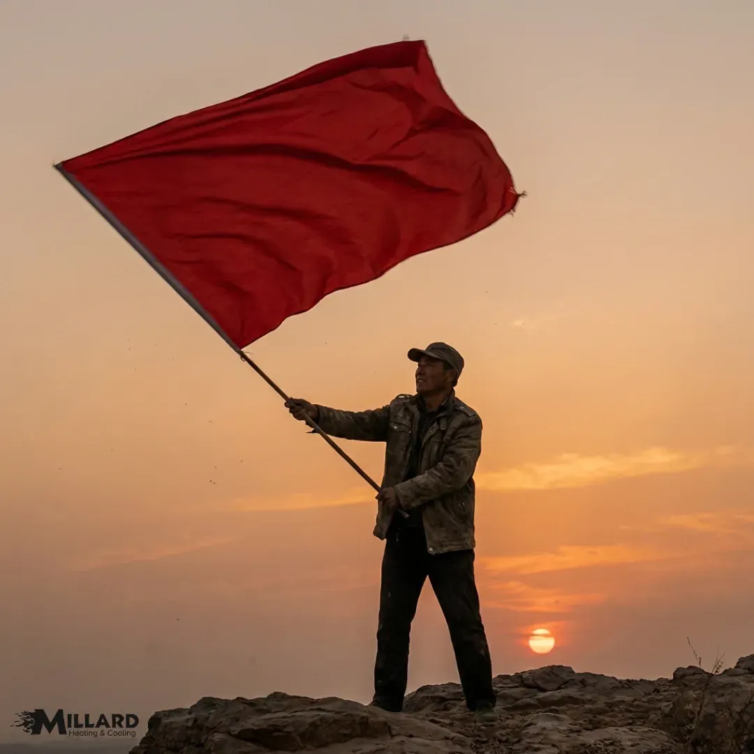 man waving a red flag with millard heating and cooling logo