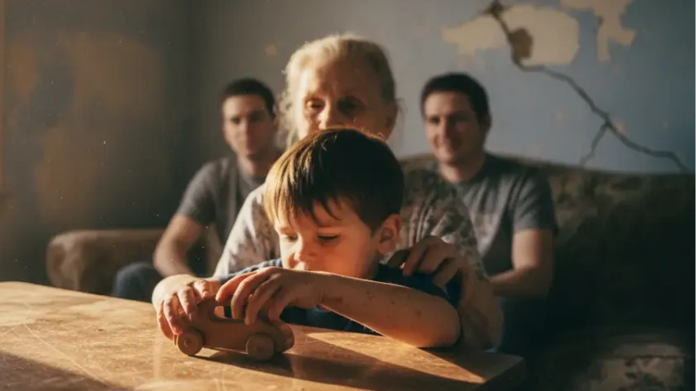 family in dry home with dry skin and cracks in the wall