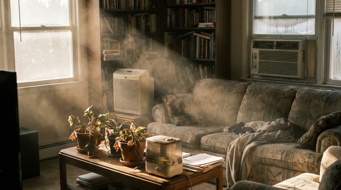 family room in omaha with many signs of poor indoor air quality