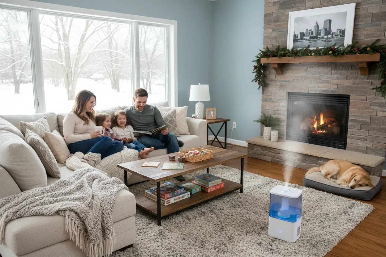 omaha family sitting on couch with a humidifer to control home humidity in winter