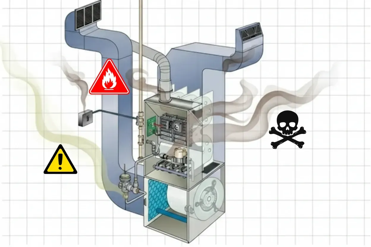 gasses leaking from residential gas furnace with warning symbols