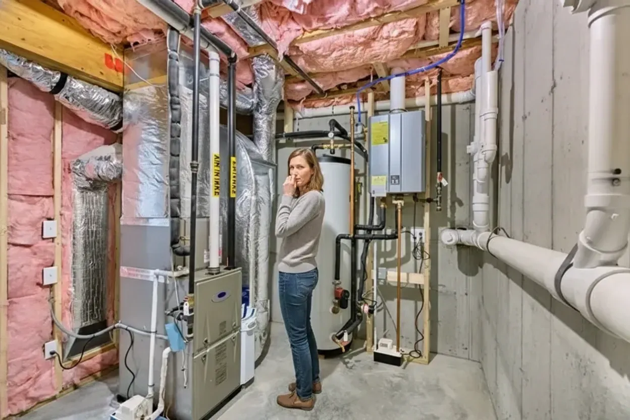 woman experiencing new furnace smells 