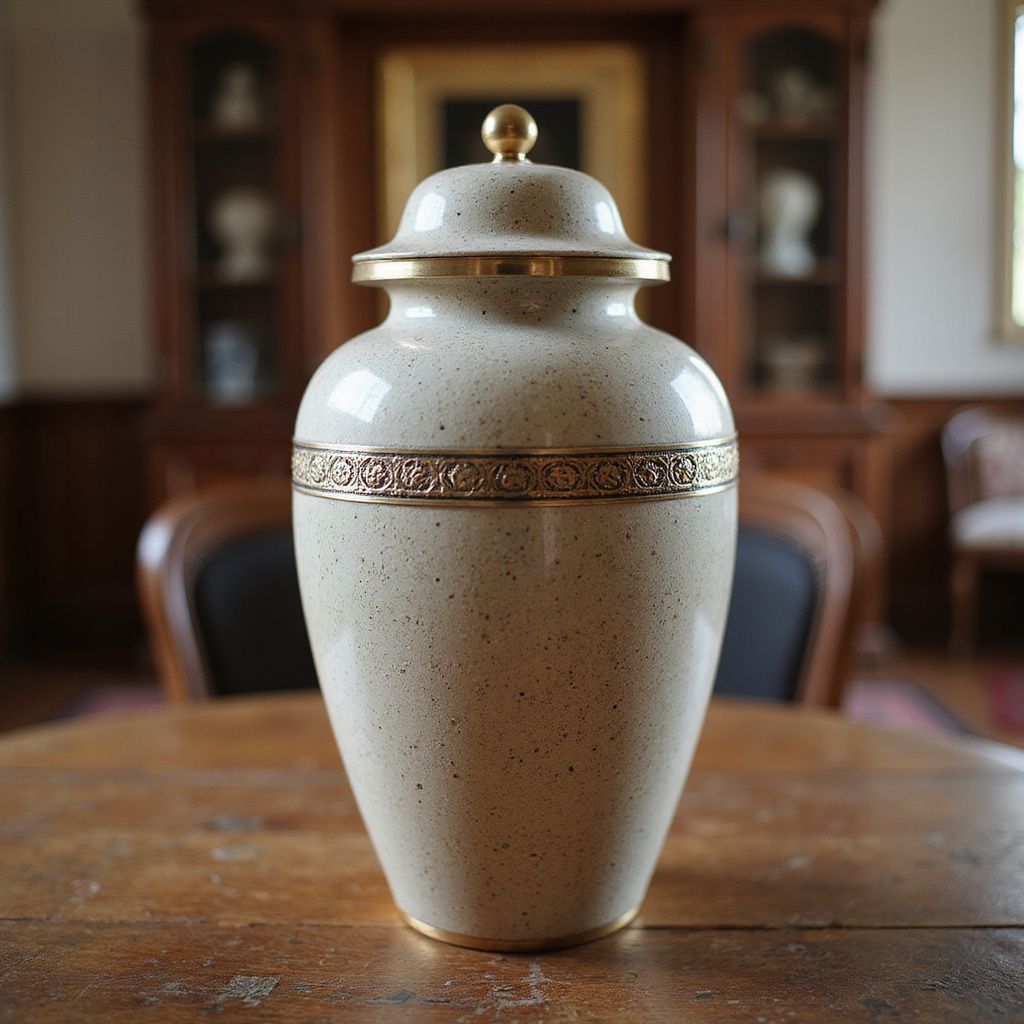 Off-white speckled urn with gold trim and lid, on a wooden table, with blurred antique furniture in the background.