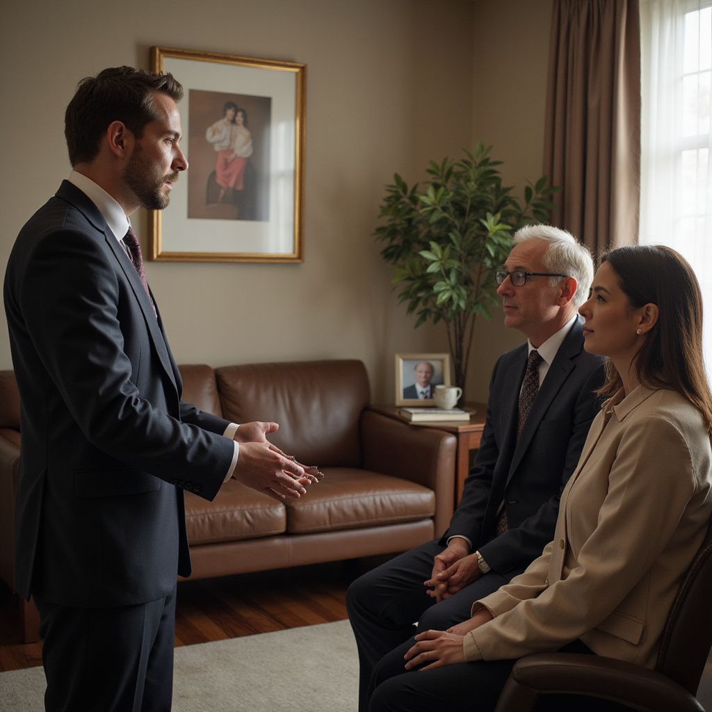 A man in a suit gestures toward a couple seated in a room, likely a professional setting.