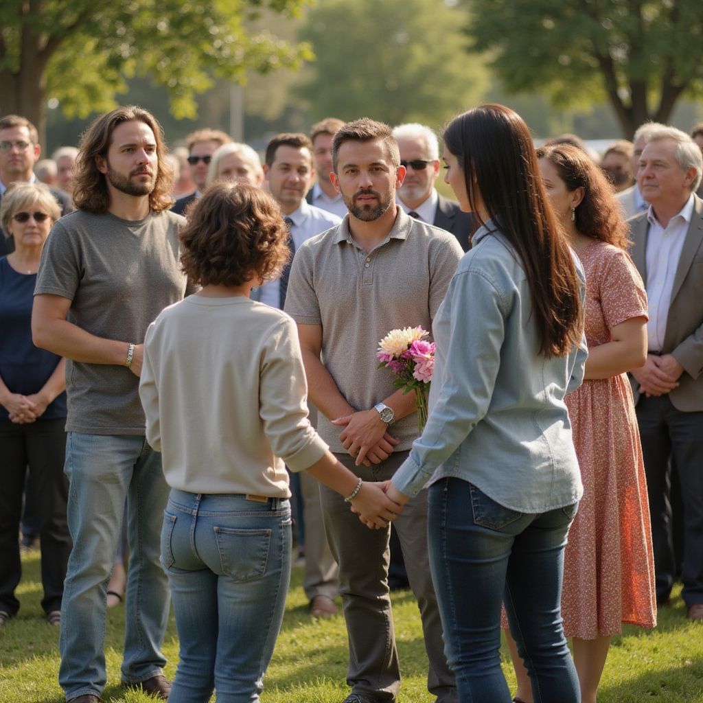 People standing in a circle outdoors, holding hands. Central figures in light-colored clothing. Others in the background.
