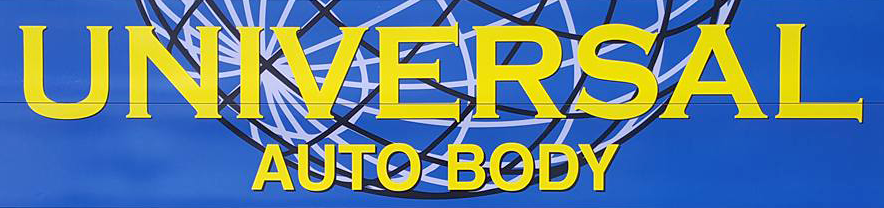 A blue sign that says universal auto body
