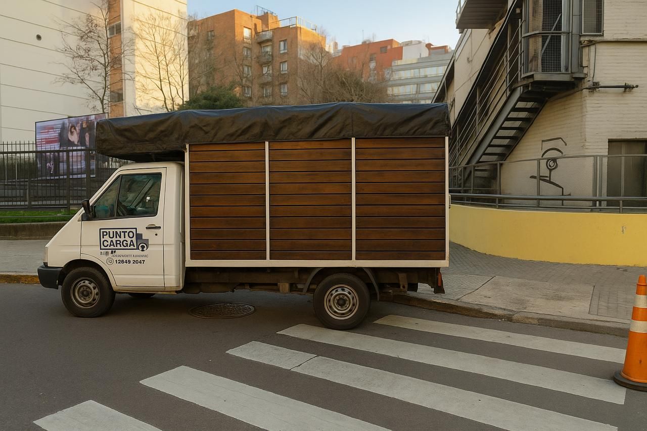 Camión blanco con paneles laterales de madera estacionado en un cruce peatonal. Techo oscuro y cono naranja cerca.