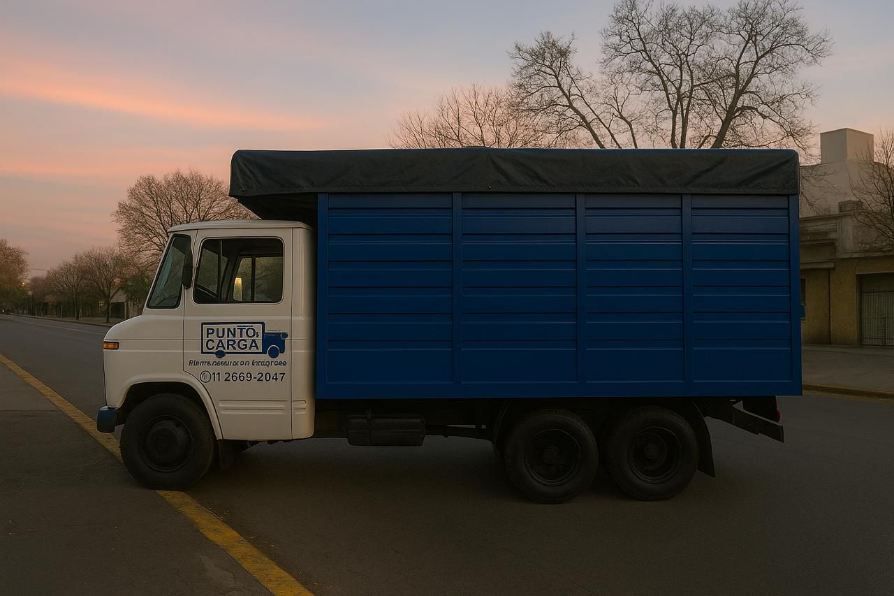 Camión de reparto blanco y azul estacionado en una calle al anochecer.