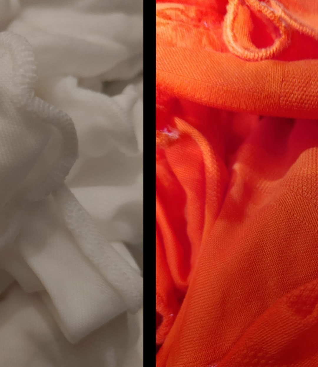 Dopo la tintura, il tessuto bianco si trasforma in un arancione brillante, etichettato con le parole