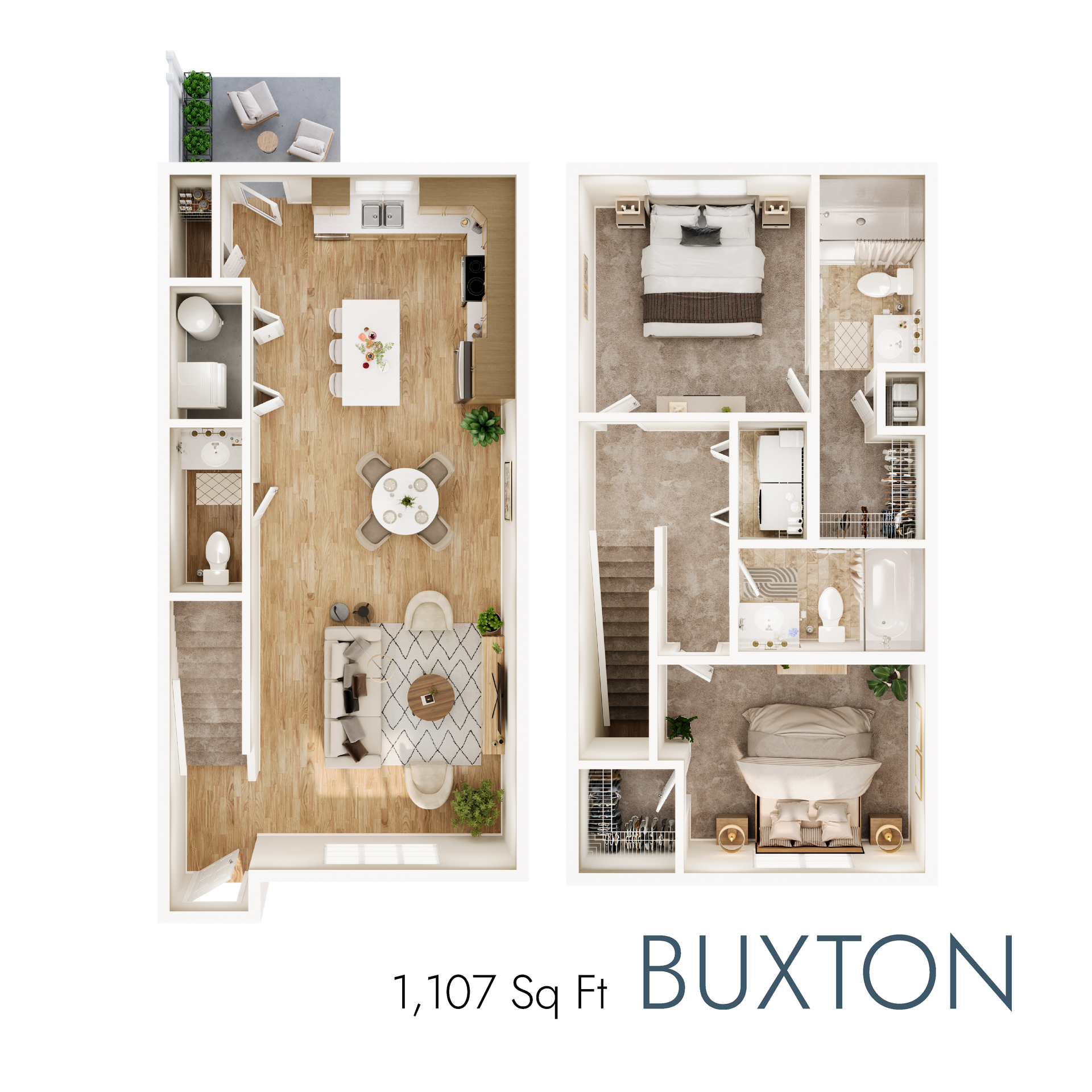 Buxton floor plan with 1,107 square feet