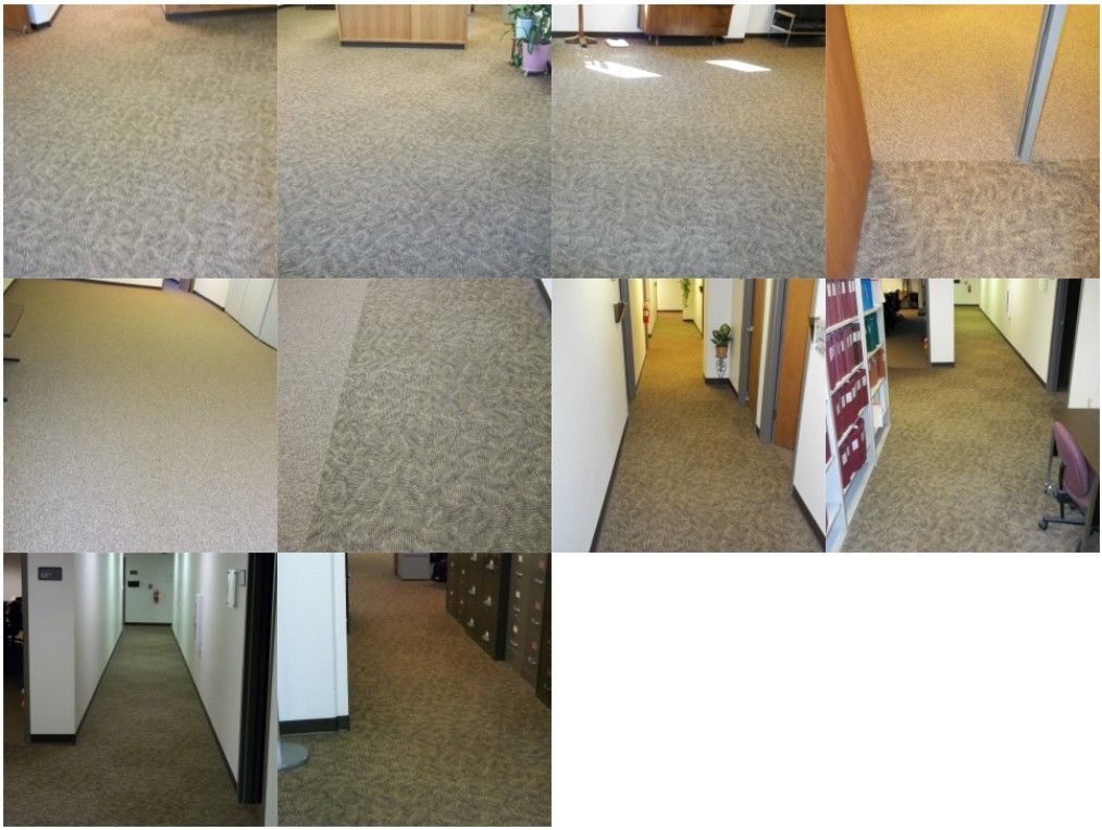 Carpeted office spaces and hallways, varying angles, with tan and brown tones.