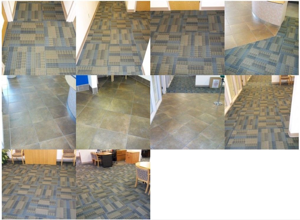 Multiple views of floors with patterned blue and gray carpet tiles.