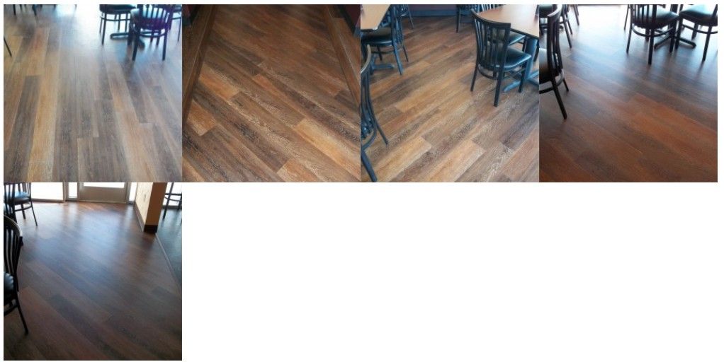 Wooden floors in a dining area, with tables and chairs visible.