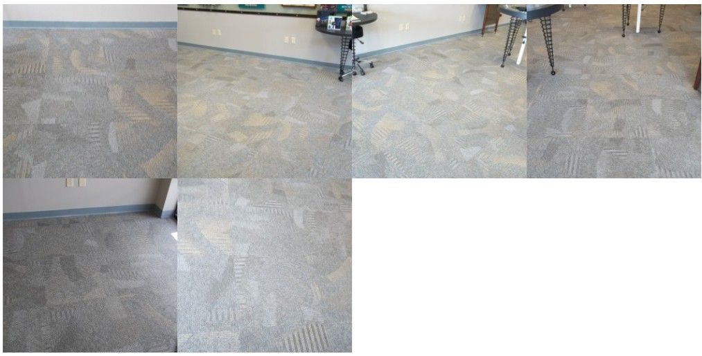 Various angles of a light gray patterned carpet in a room with a wall and furniture visible.