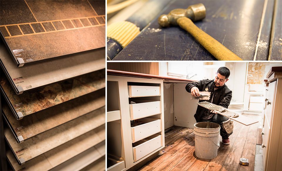 Flooring tiles, tools, and a person installing tiles in a room.