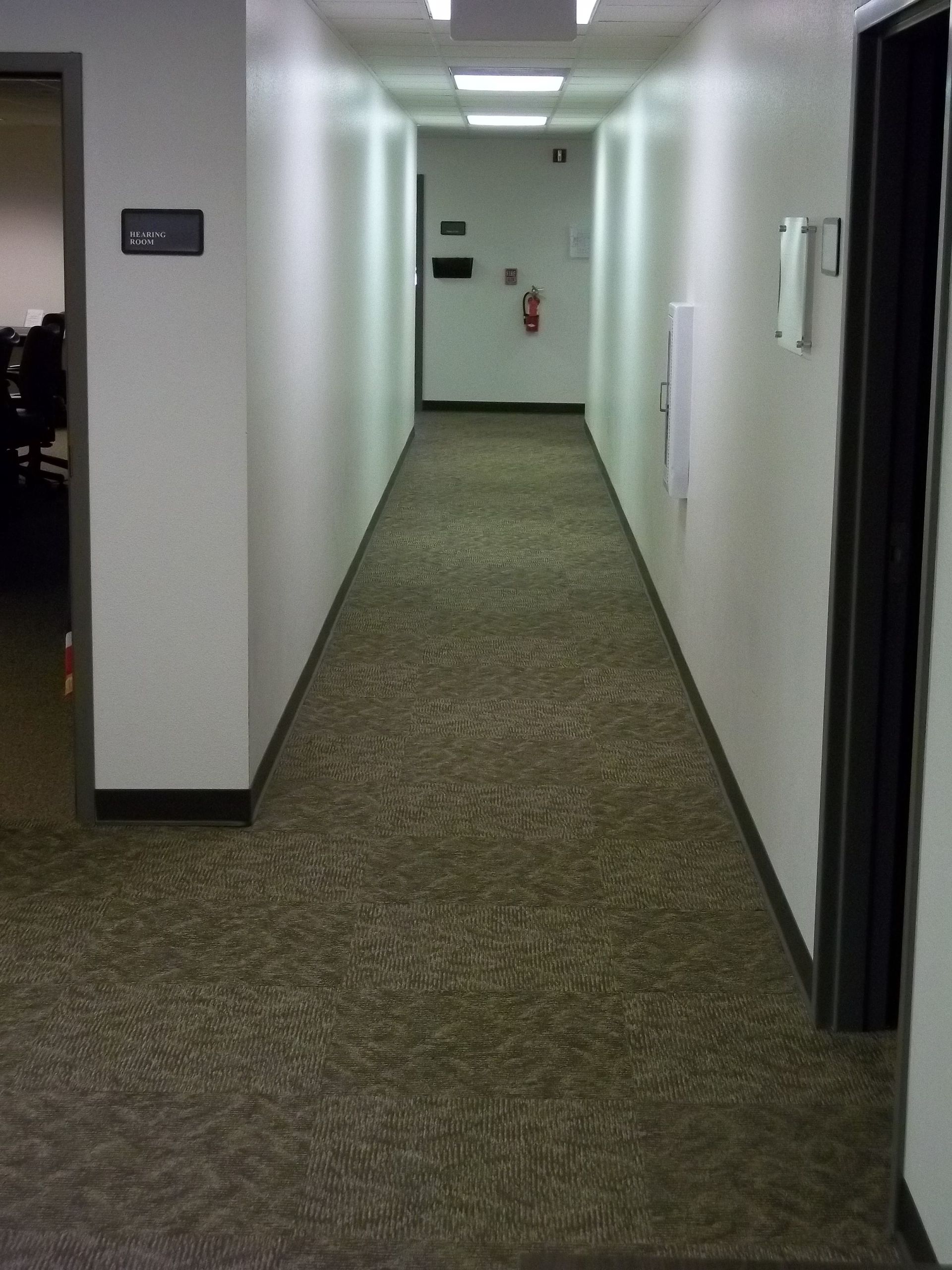 Narrow hallway with beige carpet, white walls, and a door at the end.