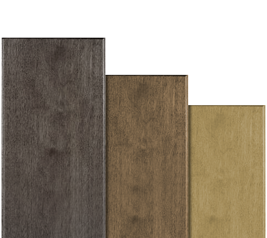 Three wooden planks in shades of brown, varying in size, showcasing wood grain.