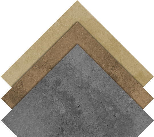 Four square tiles in shades of tan, brown, and gray, layered in a diamond shape.