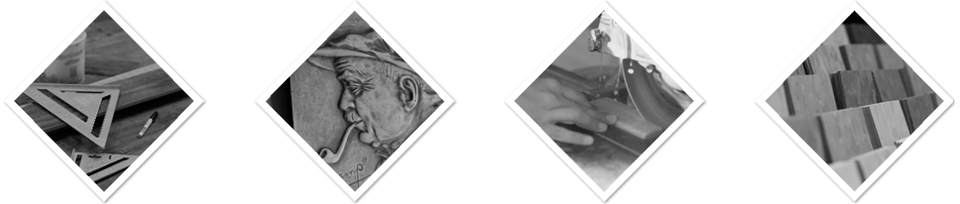 Four black and white diamond shapes with different abstract images inside.