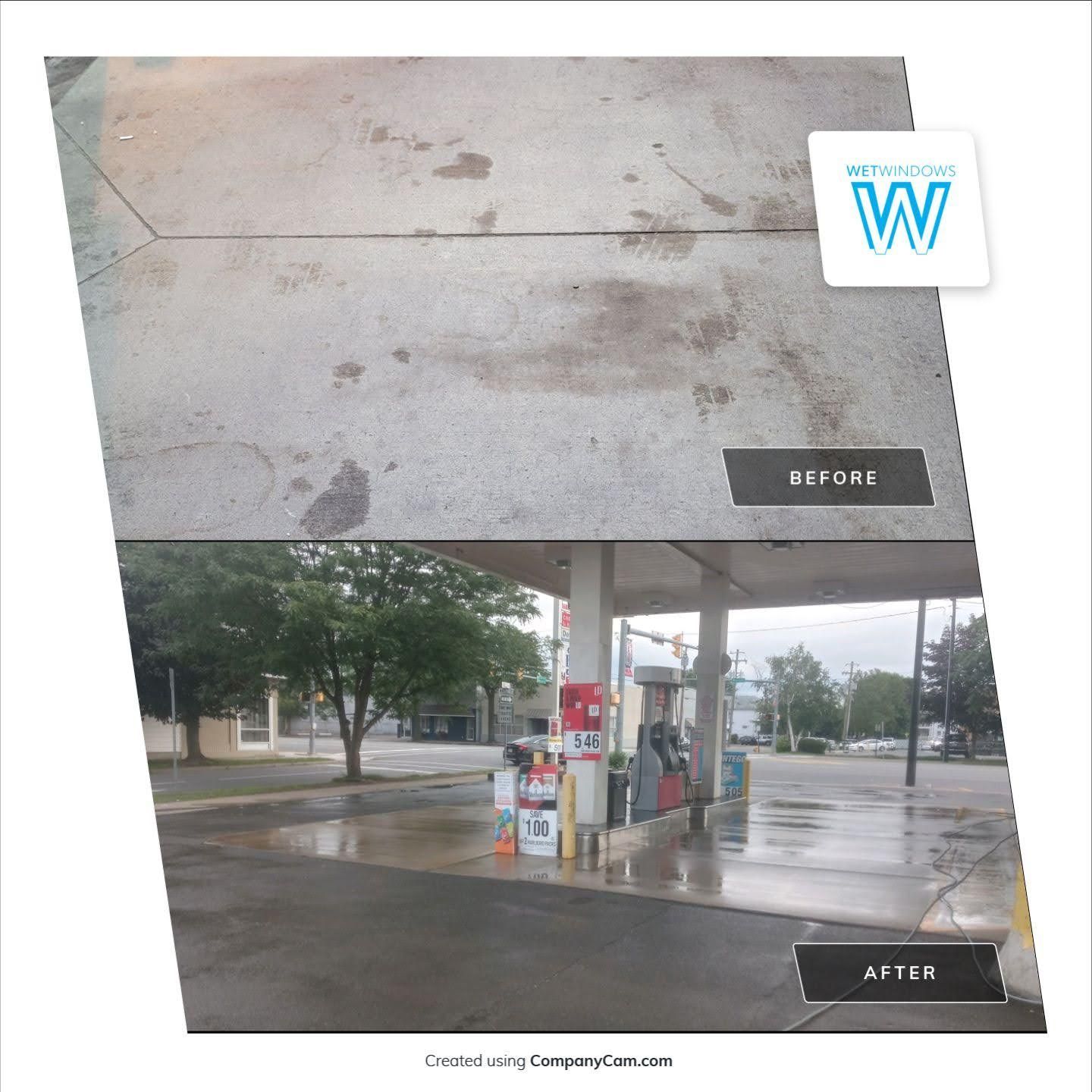 A before-and-after comparison showing a stained concrete surface at a gas station cleaned to a polished, wet-look finish.
