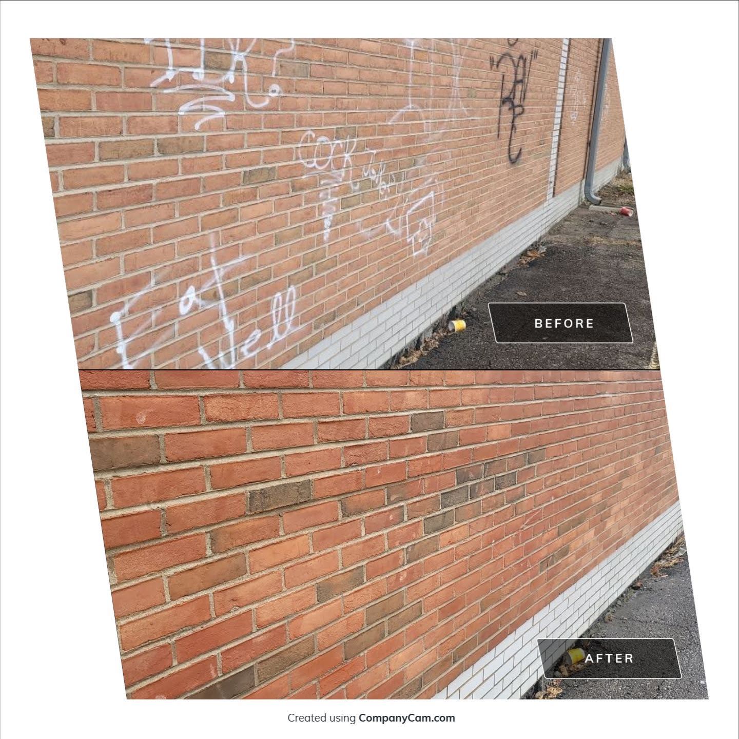Before and after comparison showing graffiti removed from a brick building wall by a professional cleaning company.