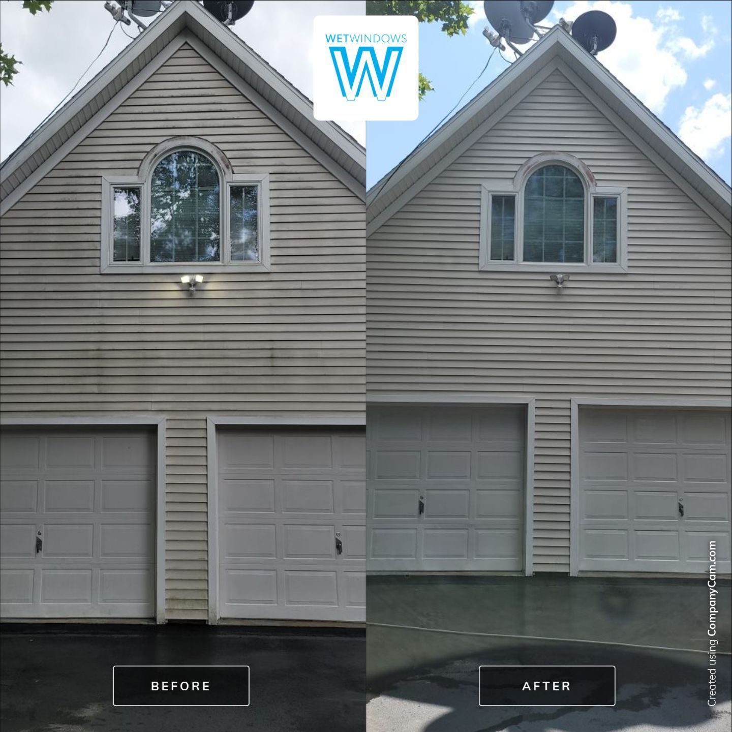 A before-and-after comparison showing a house siding cleaned of dark stains and grime, restoring it to a bright white.