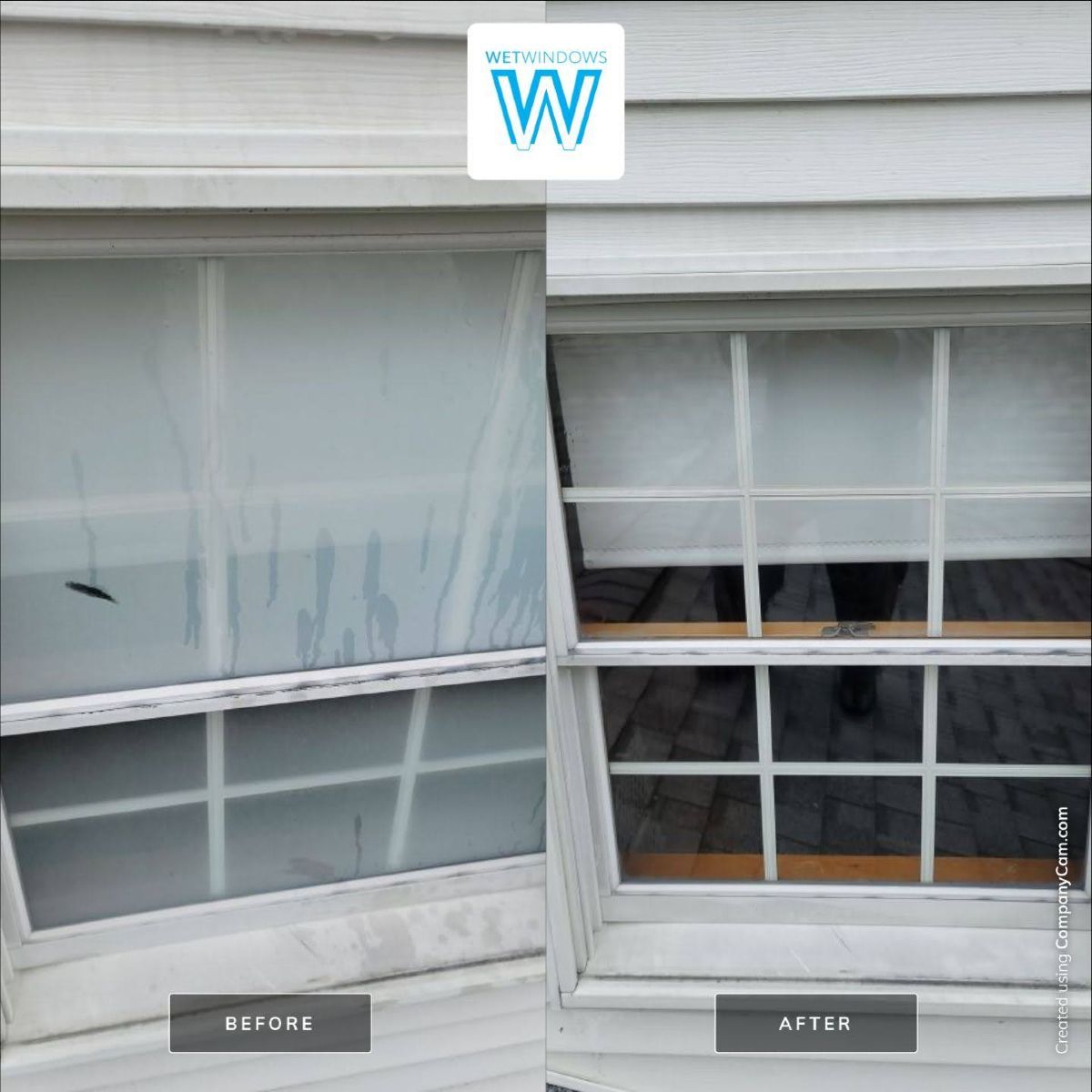 A split screen showing a foggy window before and a clear, clean window after professional cleaning.