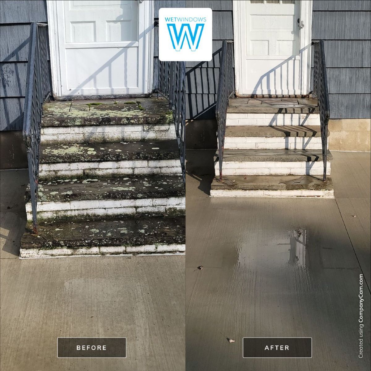A before-and-after comparison showing concrete steps cleaned of dark organic growth and stains.