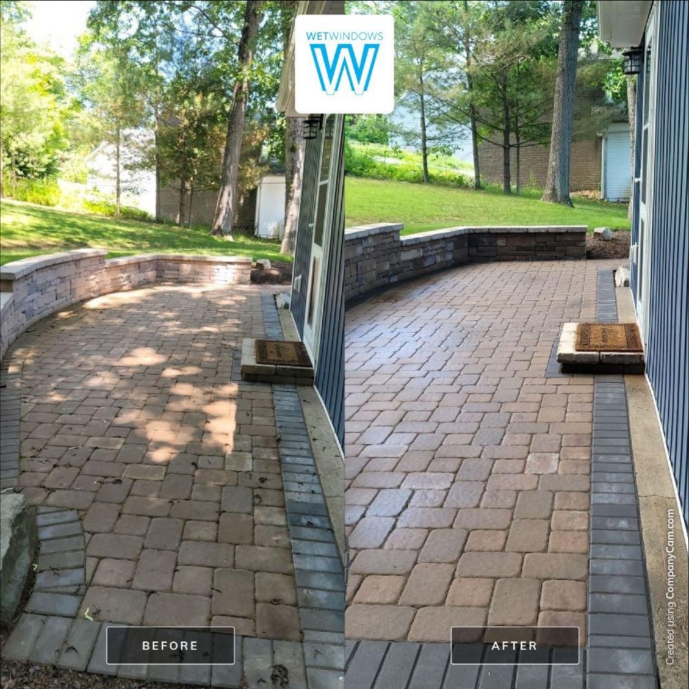 A split-view showing a patio before and after pressure washing, revealing cleaner, brighter stone pavers.