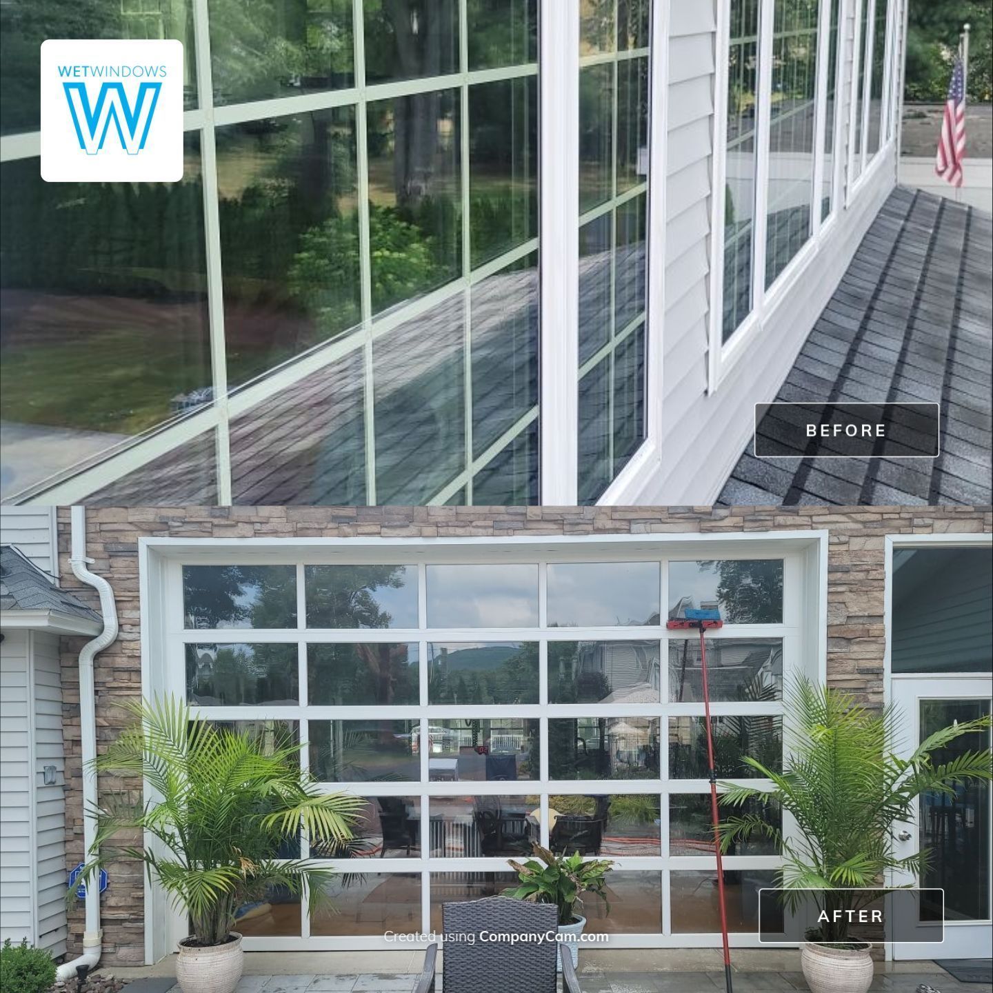 Split-screen showing a dirty glass garage door before cleaning on top, and a clean, clear version below.