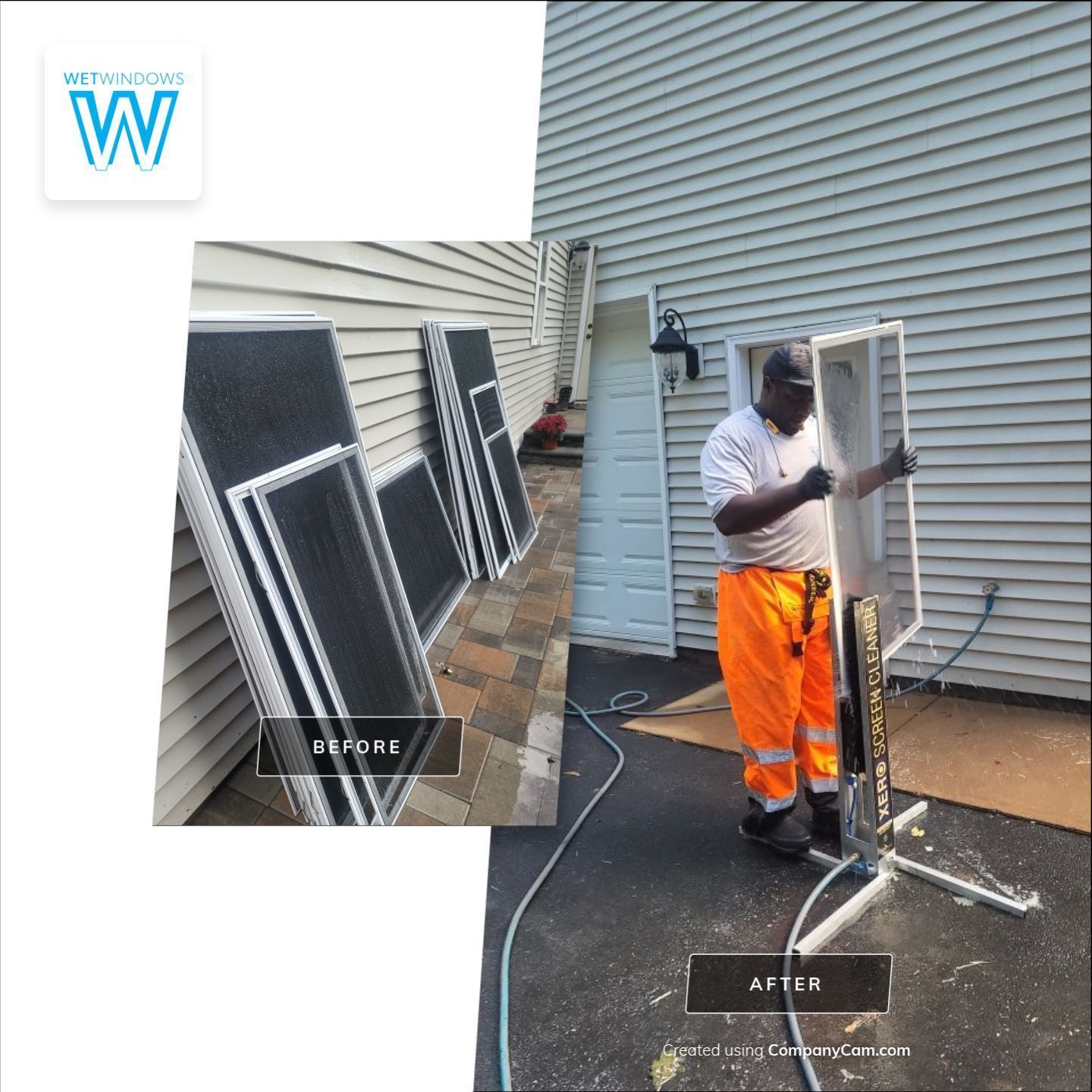 Split view: dirty window screens leaning against a house, and a worker cleaning a screen with equipment on a driveway.