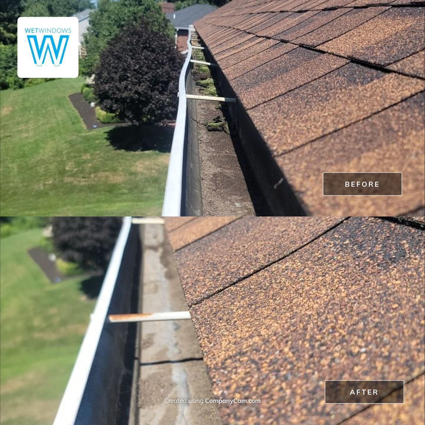 Before and after photos of a rain gutter, showing it filled with debris and then cleaned out.